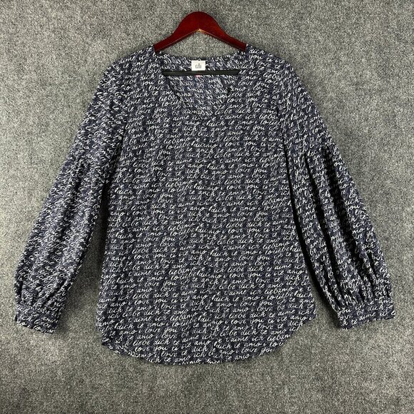 CAbi Top Womens Small Te Amo Blouse Blue Purple Print V Neck Long Flare Sleeve - Picture 1 of 6